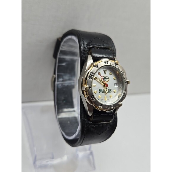 Womens Green Bay Packers Quartz Watch Date Gold Silver Leather Cuff New Battery - Picture 3 of 12